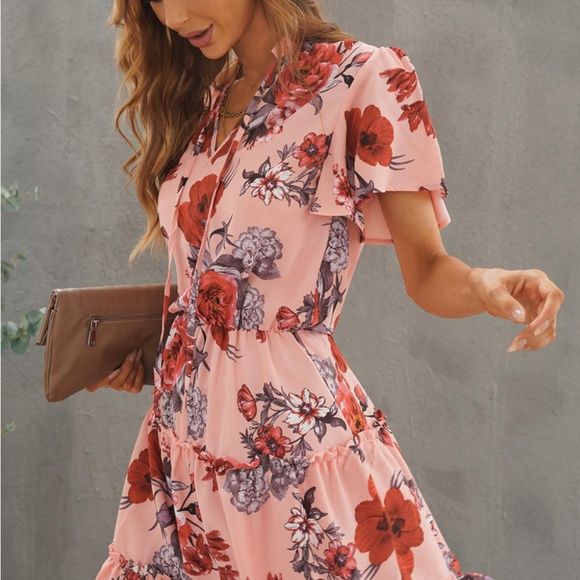 Printed Frill Trim Tie-Neck Flutter Sleeve Dress - Picture 4 of 9